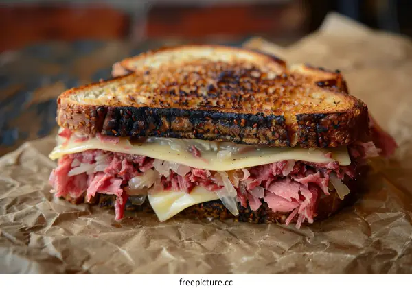 A Reuben sandwich on rye bread with melted cheese and onions