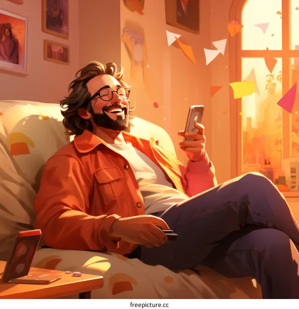 Man relaxing on a couch while checking his phone