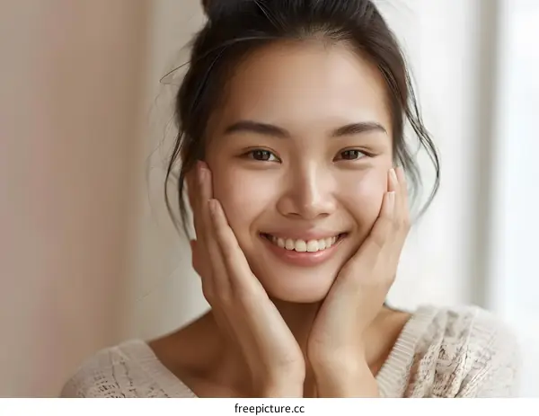 Portrait of a Smiling Asian Woman with Hands on Cheeks