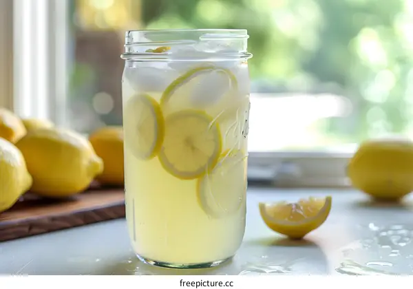 Glass Of Lemonade With Ice And Lemon Slices