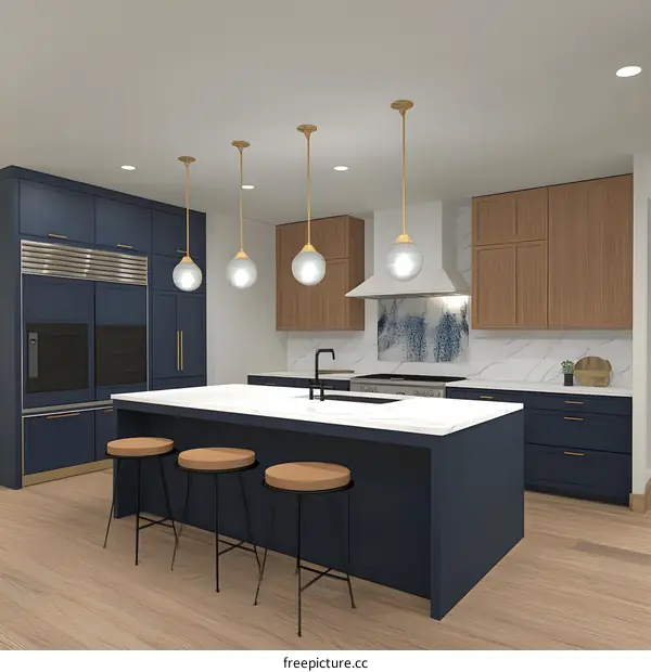 Modern Kitchen Design With Blue Cabinets And White Marble Countertop
