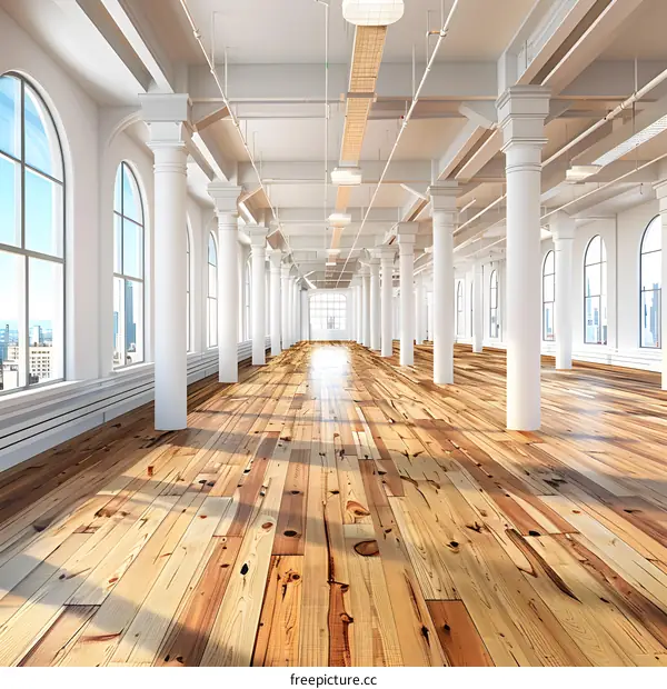 Empty Loft with White Columns and Wooden Floor