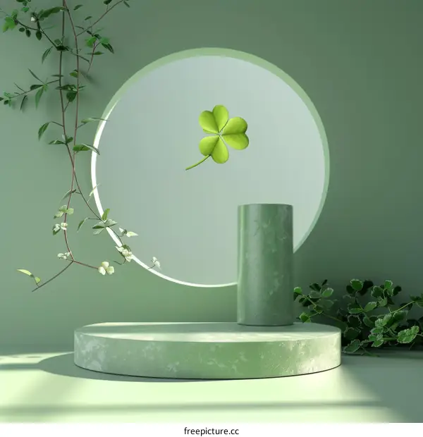 Green podium with a four-leaf clover on a green background