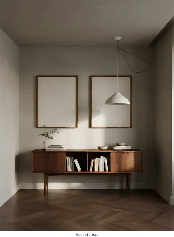 Modern minimalist living room with wooden cabinet and empty frames