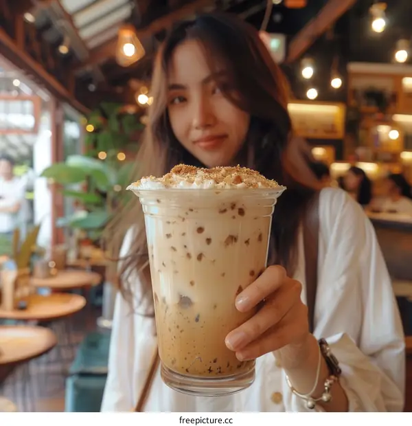 A woman holding a cup of iced coffee in a coffee shop