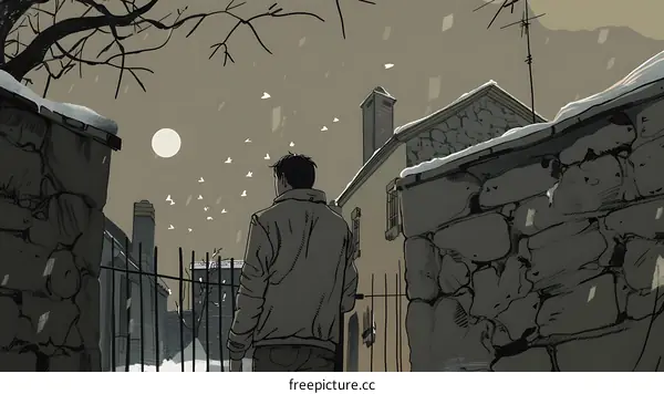 Man Walking Away From Snowy House In Winter