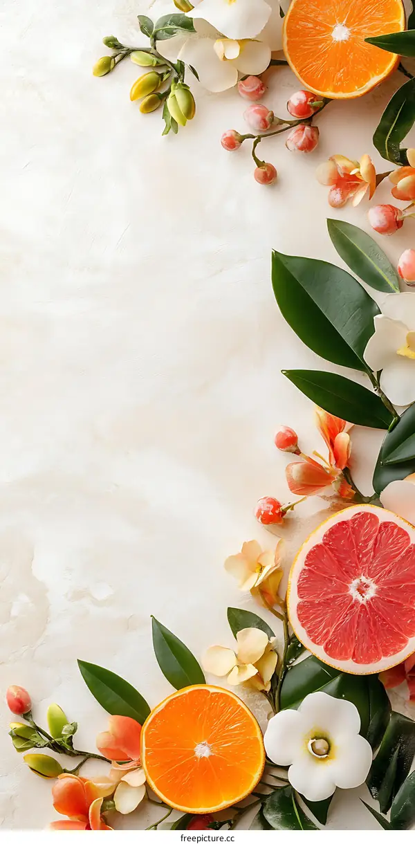 Floral and Citrus Fruit Arrangement on White Background