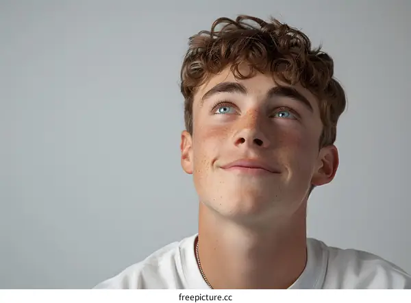 Portrait of a happy young man looking up