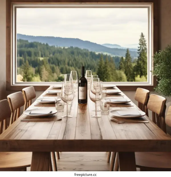 Serene dining room with wooden table, wine glasses and plates by large window overlooking forest