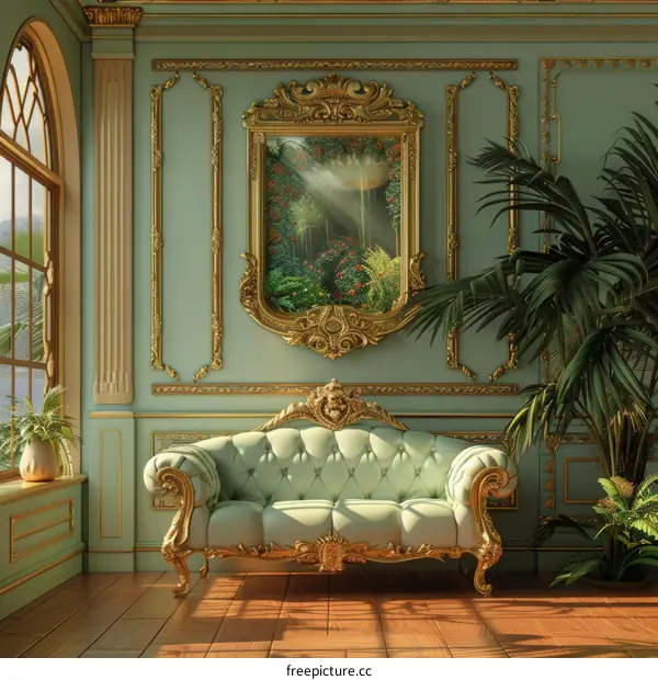 Luxury Living Room with Green Walls and Large Windows