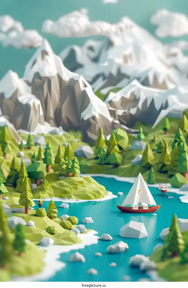 Low Poly Mountain Landscape with a Sailboat and a Small Figure