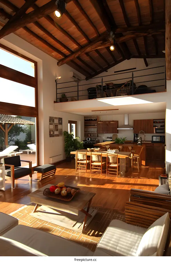 Modern Open Plan Living Room With Wooden Beams and Floor