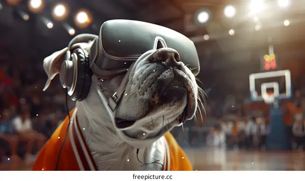Dog Wearing VR Headset And Headphones At A Basketball Game