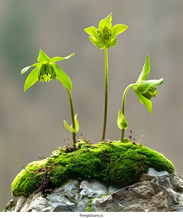 Green Plant Growing on a Rock with Moss