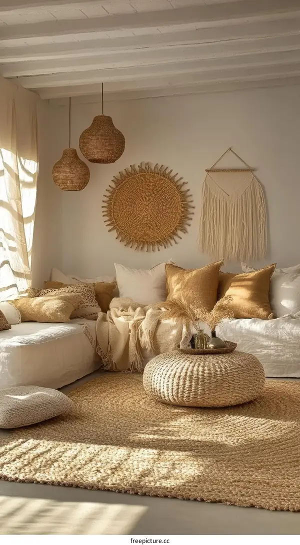 Beige and Cream Modern Boho Living Room Decor