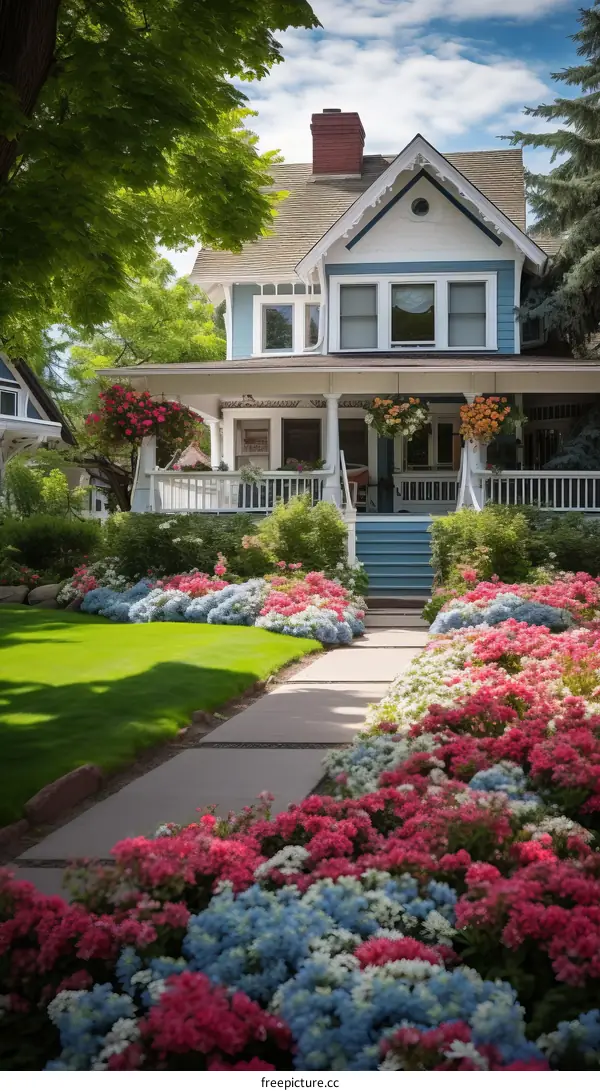 Colorful flowers and a beautiful house
