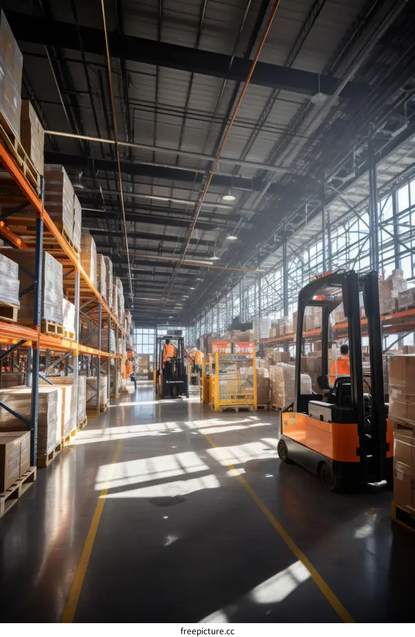 Warehouse workers in a modern warehouse with forklifts