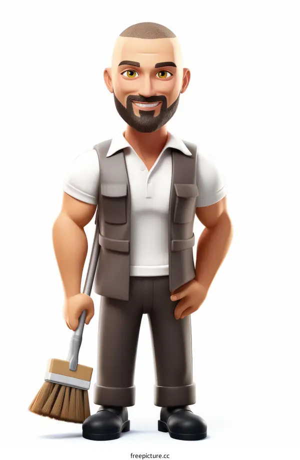 3D rendering of a male janitor holding a broom