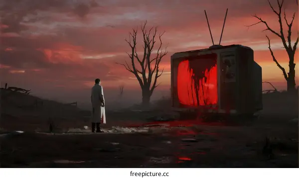 Desolate Landscape with Figure and Large Vintage TV Displaying Red Glow