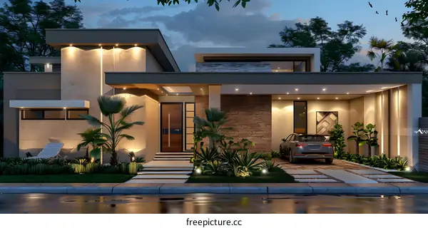 Modern Minimalist House Design with Lush Greenery and Warm Lighting