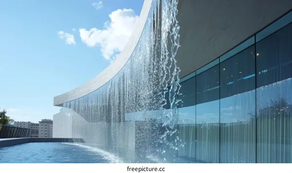 Modern Building with Curved Glass Facade and Water Feature