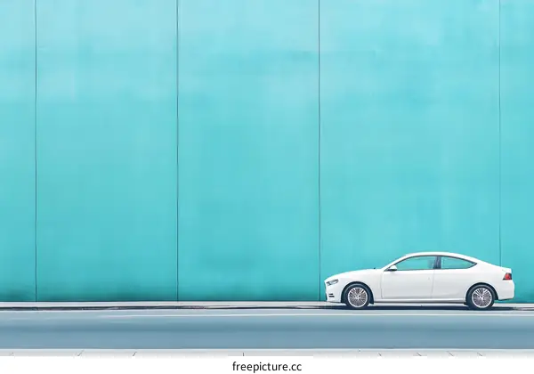 White Car Parked in Front of Blue Wall