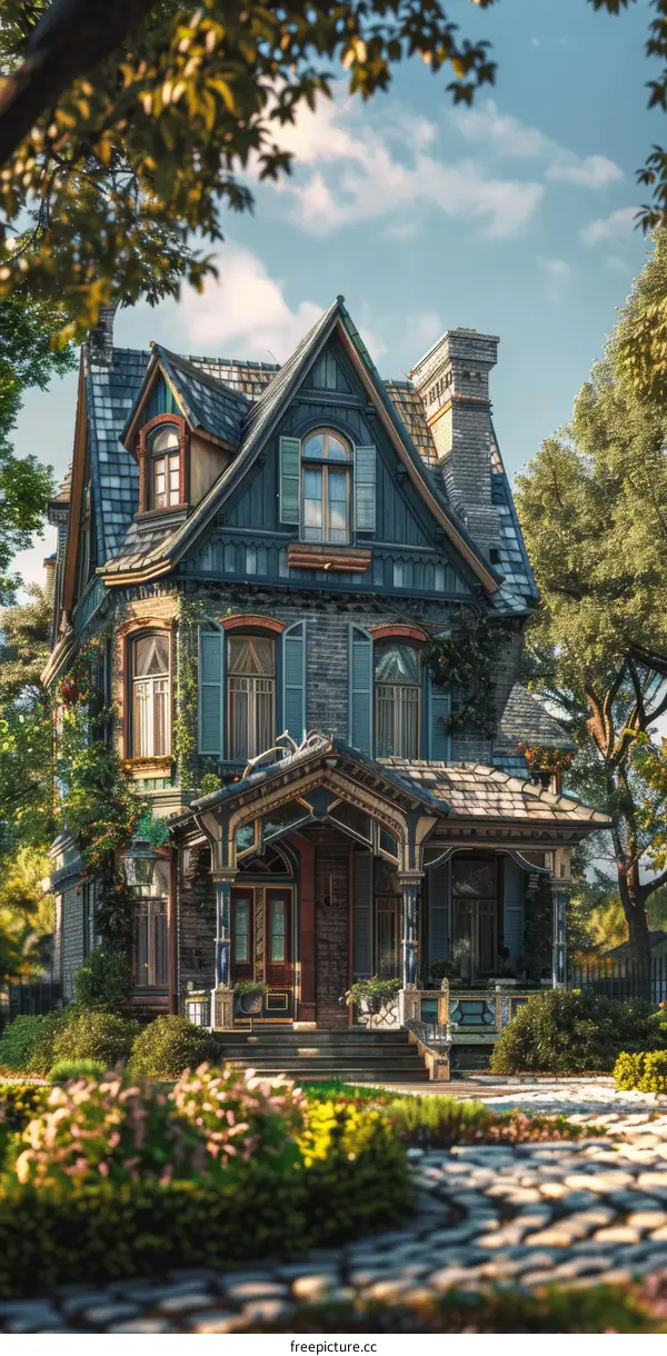 A beautiful Victorian house surrounded by trees and flowers
