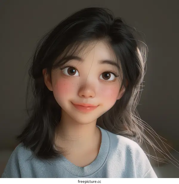 An illustration of a young woman with long black hair and brown eyes smiling