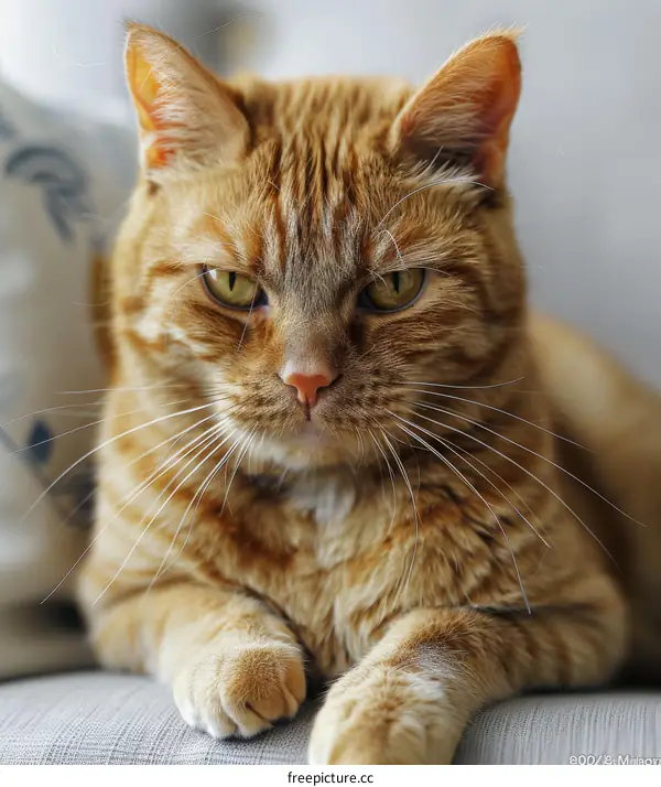 A ginger cat is sitting on a gray sofa looking at the camera