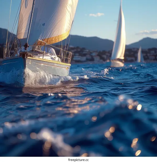 Yachts racing in a blue sea with a mountainous coastline in the background