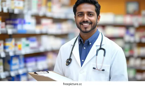 Smiling Pharmacist in Pharmacy Setting