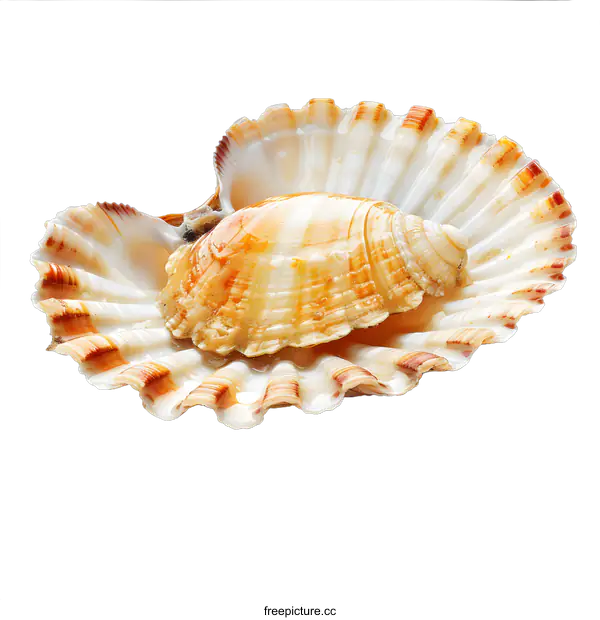 [Transparent Background PNG]A studio shot of a single orange scallop shell against a white background