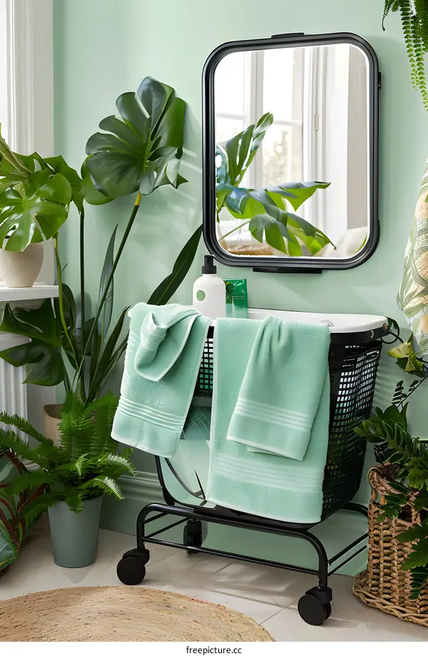 Green Towels in a Black Wire Laundry Basket with Rolling Wheels