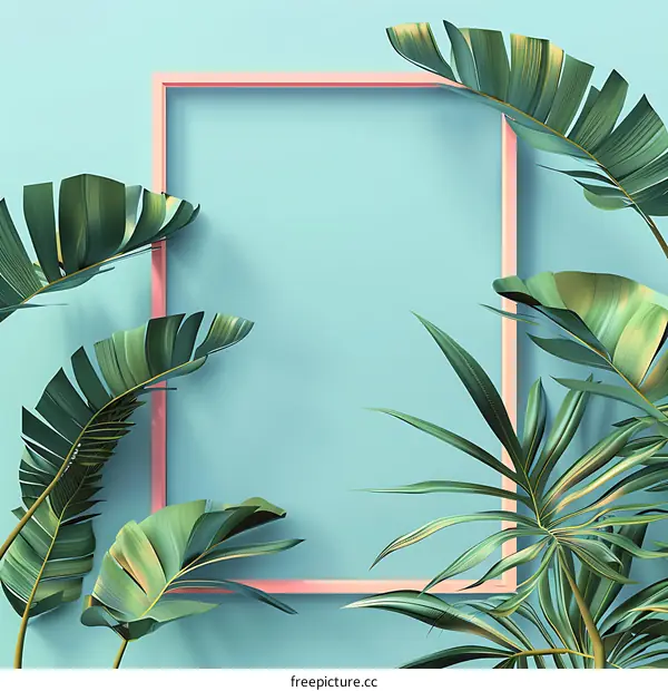 Tropical Leaves and Pink Frame on Blue Background