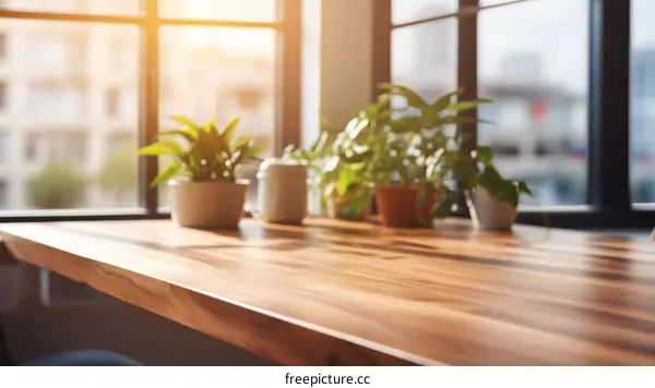 An empty wooden table with potted plants in the background