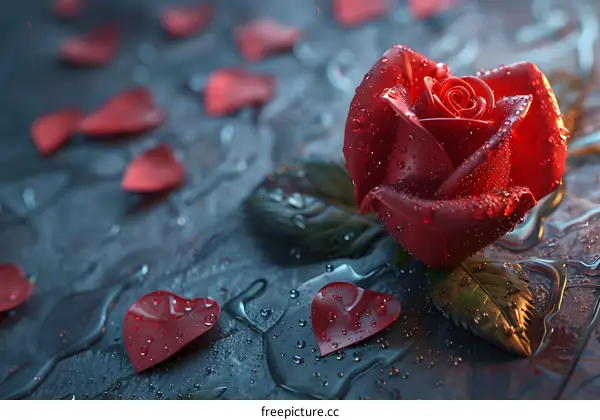Red rose with dew on a dark background