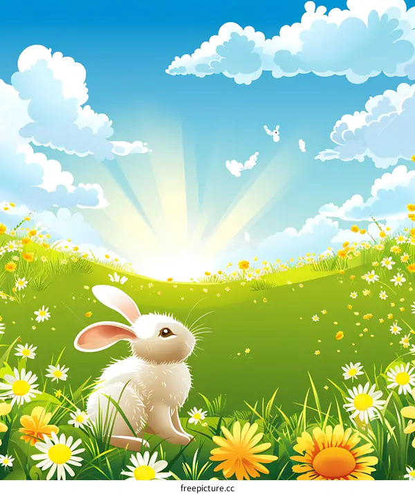 Cute Rabbit In Spring Meadow