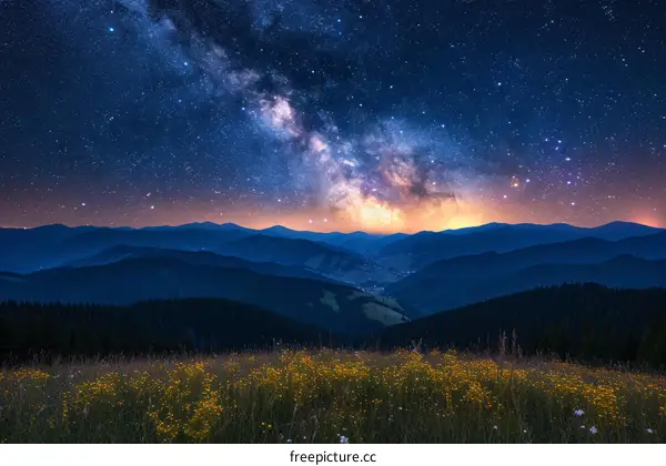 Amazing view of the night sky full of stars and a bright milky way over the mountains