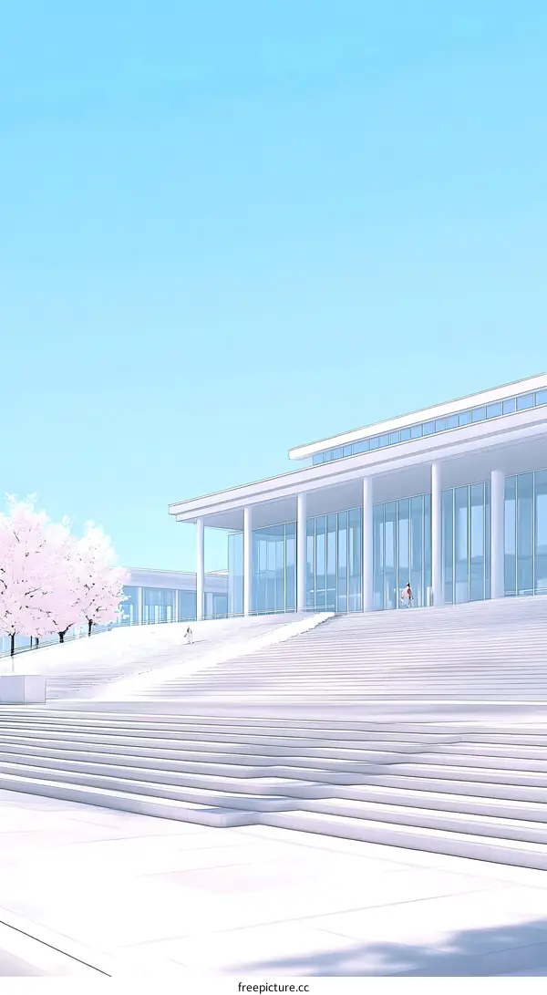White Building With Stairs and Pink Cherry Blossom Tree