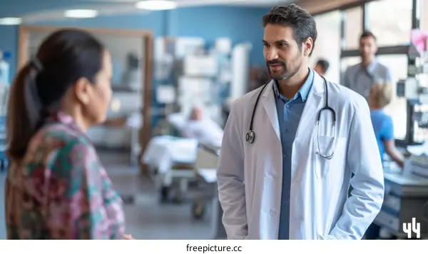 Middle Eastern doctor talking to a female patient in a hospital