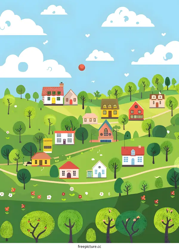 Cute Cartoon Illustration of a Village with Houses and Trees