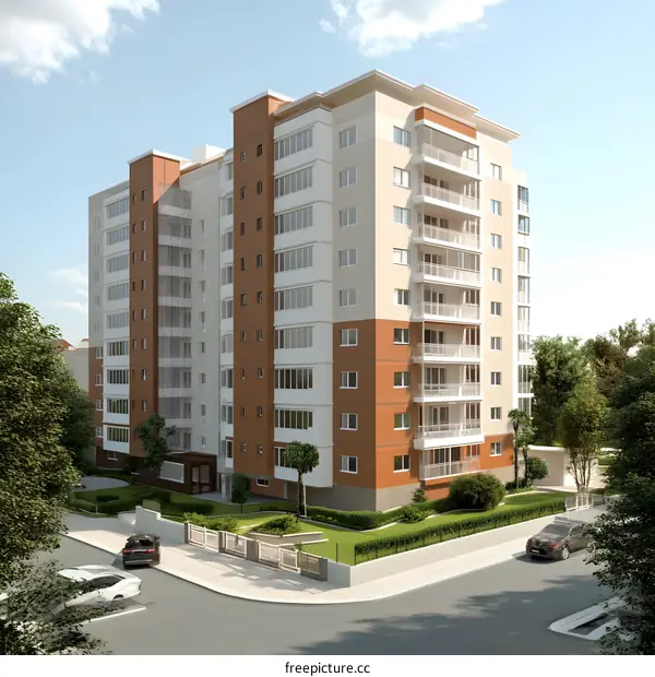 Modern Apartment Building Exterior Design With Balcony And Green Landscape