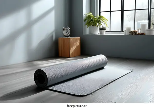 Gray Yoga Mat Unrolled on Wooden Floor in Modern Room