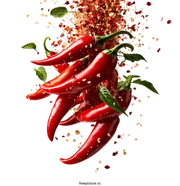 [Transparent Background PNG]Spicy Red Chili Peppers and Spices in Motion