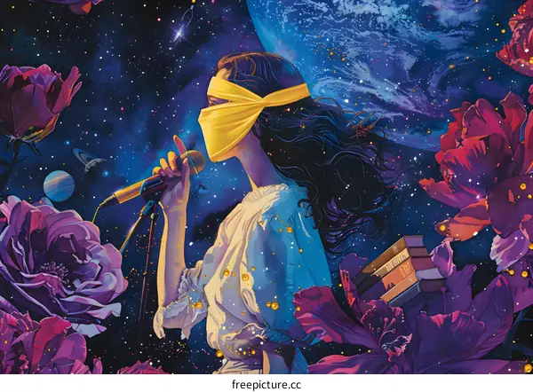 Woman Singing in Space with Flowers