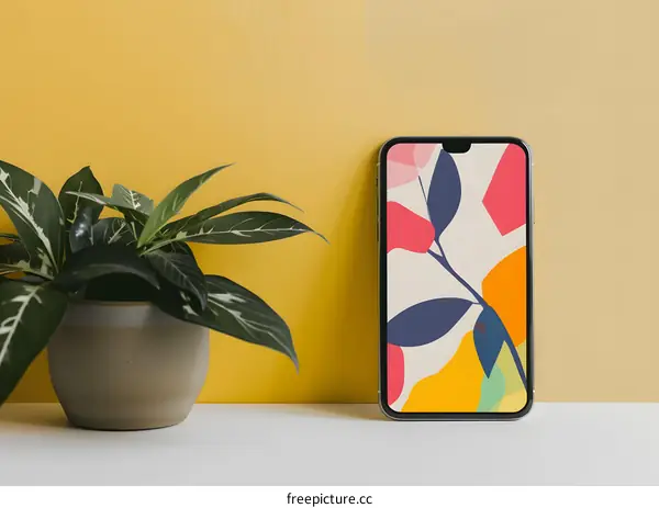 Minimalist Phone on a Yellow Background with a Plant