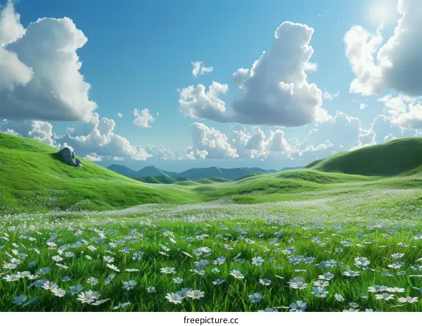 Beautiful Spring Meadow Landscape with Fluffy Clouds