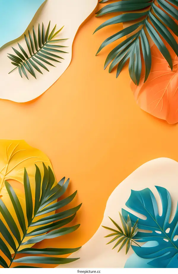 Tropical Leaves Background with Yellow, Orange and Blue Colors