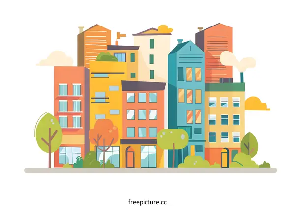 Colorful Illustration of Cityscape with Buildings and Trees