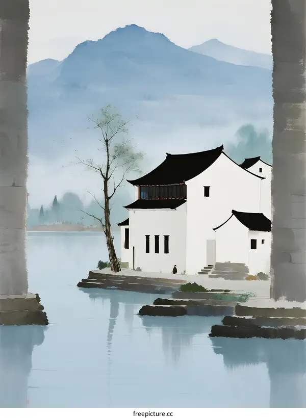 A Traditional Chinese House by the Calm River with Misty Mountains